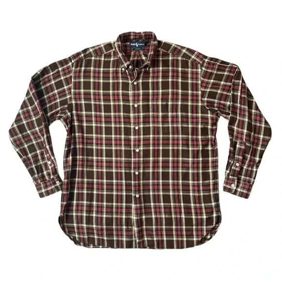 RALPH LAUREN Vtg 80's MCMEEL Brown Red Green Plaid Long Sleeve Button Down - Picture 1 of 12